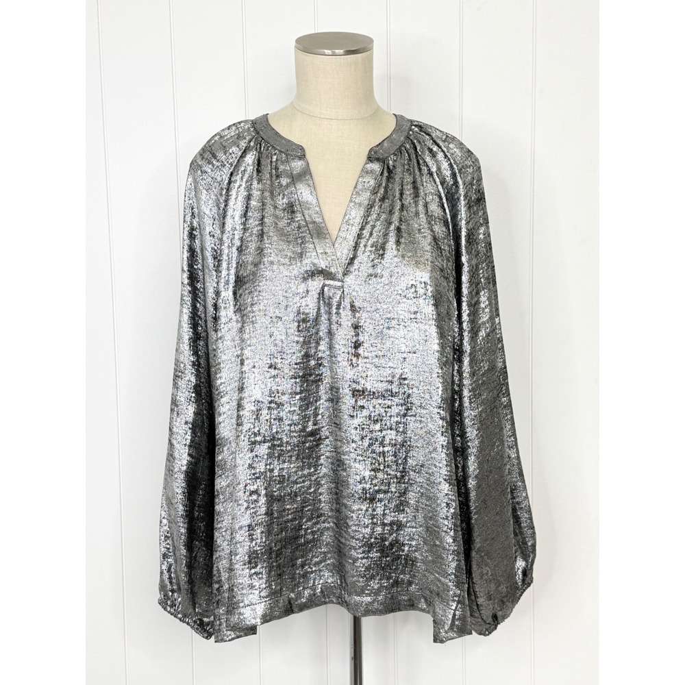 Old Navy Metallic Split Neck Blouse NWT Women XL Silver Holiday Party Glam